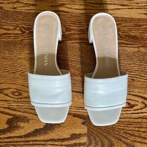 Stuart Weitzman Cayman Block Heel Slides Mule Sandals White Leather 35mm 8.5